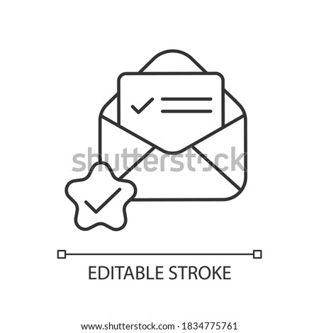 Mail received linear icon. Envelope with letter. Quality feedback. Newsletter accepted. Thin line customizable illustration. Contour symbol. Vector isolated outline drawing. Editable stroke
