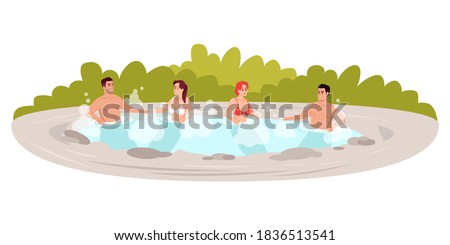 Outdoors hot tub semi flat RGB color vector illustration. Japanese resort. Public hot springs. People soak in pool. Male and female friends isolated cartoon characters on white background