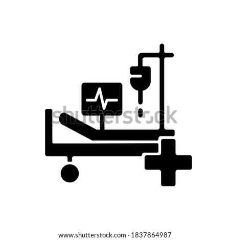 Intensive care black glyph icon. Critical care medicine. ICU. Hospital ward. Intensive treatment and close monitoring. Resuscitation. Silhouette symbol on white space. Vector isolated illustration