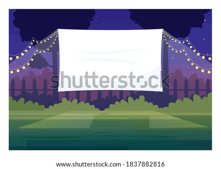 Festive outdoor cinema screen semi flat vector illustration. Open air decorated place with lanterns. Film premiere outside. Public park. Outdoors movie night 2D cartoon scene for commercial use