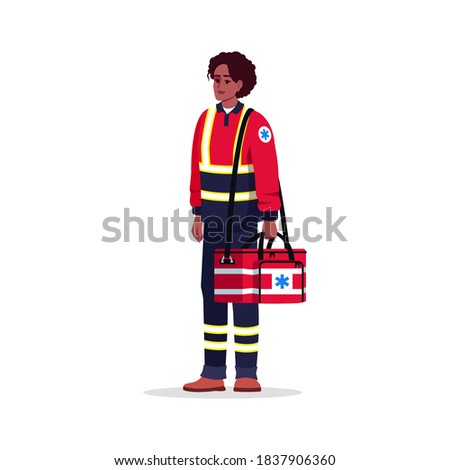 Paramedic semi flat RGB color vector illustration. Emergency technician. Health professional. Afro american woman working as EMT with medical bag isolated cartoon character on white background