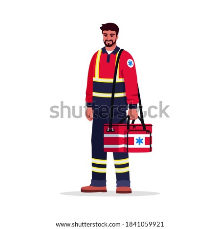 Paramedic semi flat RGB color vector illustration. EMT. Male emergency medical technician. Hispanic man working as EMT with medical bag isolated cartoon character on white background