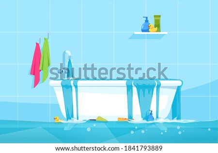 Overflowing bath semi flat vector illustration. Floating bathroom accessories and gels. Water leak. Bathroom flood. Common household accidents 2D chartoon scene for commercial use