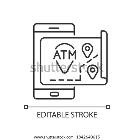ATMs map linear icon. Bank location online searching. Cash machine navigation. ATM near me. Thin line customizable illustration. Contour symbol. Vector isolated outline drawing. Editable stroke