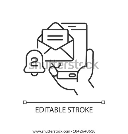 Email alert linear icon. Message on smartphone screen. Mobile banking app notification. Thin line customizable illustration. Contour symbol. Vector isolated outline drawing. Editable stroke