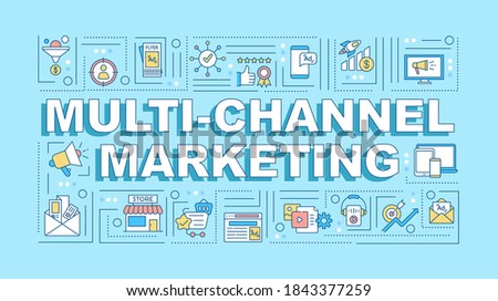 Multi-channel marketing word concepts banner. Brand tactic. Customer experience. Infographics with linear icons on turquoise background. Isolated typography. Vector outline RGB color illustration