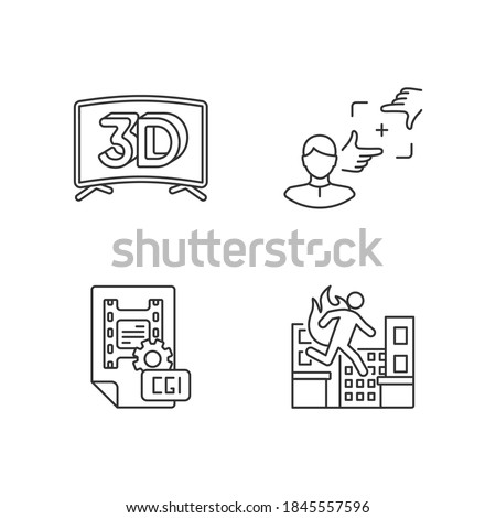 Film production linear icons set. 3D television. CGI for animation. Professional stuntman. Customizable thin line contour symbols. Isolated vector outline illustrations. Editable stroke