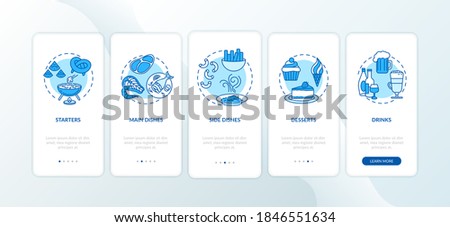 Restaurant menu onboarding mobile app page screen with concepts. Food menu. Various dishes walkthrough 5 steps graphic instructions. UI vector template with RGB color illustrations 商業照片 © 