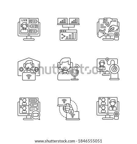 Virtual communication linear icons set. Social media stream. Screen share. All hands online meeting. Customizable thin line contour symbols. Isolated vector outline illustrations. Editable stroke