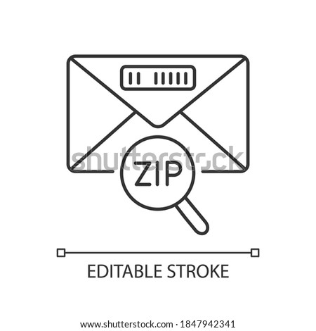 Zip code linear icon. Post office service, correspondence thin line customizable illustration. Letter with location ID. Contour symbol. Vector isolated outline drawing. Editable stroke