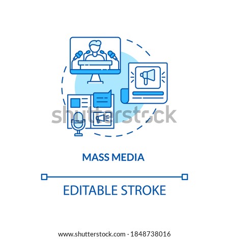 Mass media concept icon. Communication channels. Watching television. News from journals and newspapers idea thin line illustration. Vector isolated outline RGB color drawing. Editable stroke