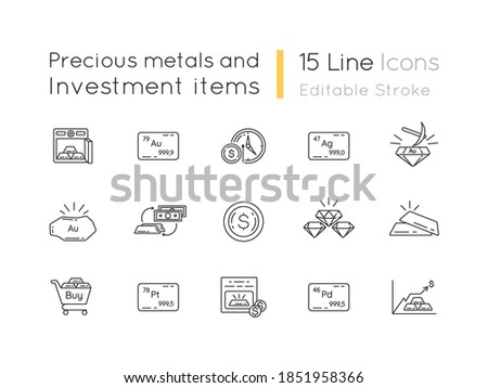 Precious metals and investment linear icons set. Business investment. Mining production. Customizable thin line contour symbols. Isolated vector outline illustrations. Editable stroke