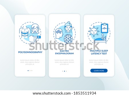 Daytime nap study blue onboarding mobile app page screen with concepts. Sleep disorder test. Medical exam walkthrough 3 steps graphic instructions. UI vector template with RGB color illustrations