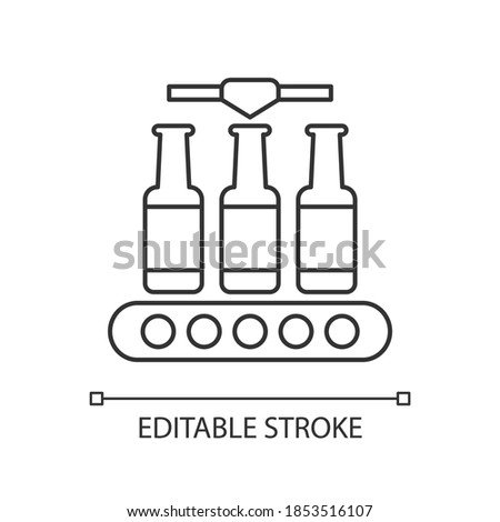 Bottling pixel perfect linear icon. Alcohol production. Packing beverage on conveyor belt. Thin line customizable illustration. Contour symbol. Vector isolated outline drawing. Editable stroke