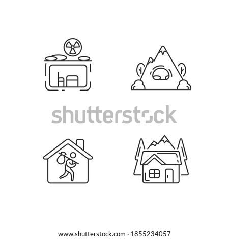 Transitional housing linear icons set. Fallout bunker. Civil defense measures. Refugee shelter. Customizable thin line contour symbols. Isolated vector outline illustrations. Editable stroke