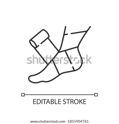 Elastic bandage linear icon. Suffer from injury. Hurt foot. Join trauma treatment. Thin line customizable illustration. Contour symbol. Vector isolated outline drawing. Editable stroke
