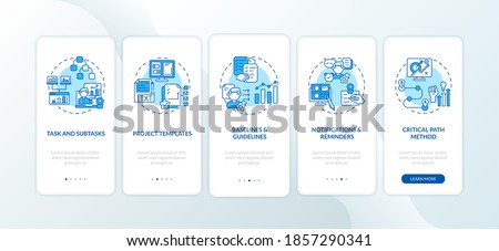 Remote job software structure onboarding mobile app page screen with concepts. Task and subtasks, baselines walkthrough 5 steps graphic instructions. UI vector template with RGB color illustrations