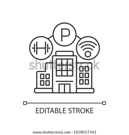 Building amenities pixel perfect linear icon. Services in hotel. Wifi spot in apartment. Thin line customizable illustration. Contour symbol. Vector isolated outline drawing. Editable stroke Stock foto © 