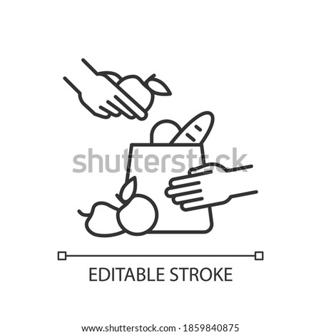 Grocery bagger linear icon. Packer. Putting groceries into shopping bag. Assisting cashier. Thin line customizable illustration. Contour symbol. Vector isolated outline drawing. Editable stroke