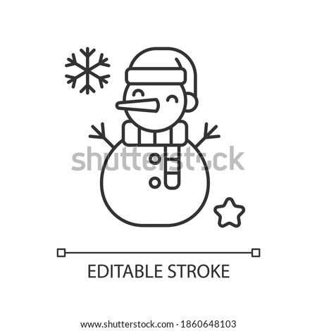 Snowman linear icon. Snow sculpture. Build with snowball. Christmas time festive decoration. Thin line customizable illustration. Contour symbol. Vector isolated outline drawing. Editable stroke