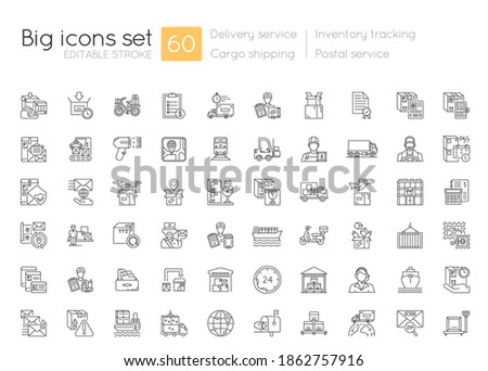 Shipping and delivery linear icons set. Postal services. Logistic industry. Inventory tracking. Customizable thin line contour symbols. Isolated vector outline illustrations. Editable stroke