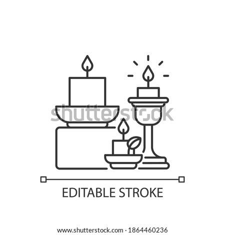 Candles and candle holders linear icon. Soft and cozy style. Lanterns, sconces, candlesticks. Thin line customizable illustration. Contour symbol. Vector isolated outline drawing. Editable stroke