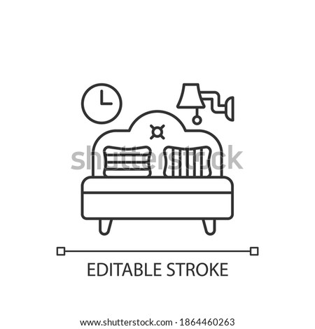 Bedroom furniture linear icon. Bedding. Home furnishings. Bed and mattress. Interior design. Thin line customizable illustration. Contour symbol. Vector isolated outline drawing. Editable stroke