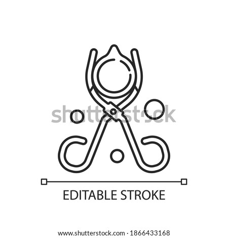 Beaker tongs linear icon. Handling hot and cold beakers. Lab equipment. Scissor-like tool. Thin line customizable illustration. Contour symbol. Vector isolated outline drawing. Editable stroke