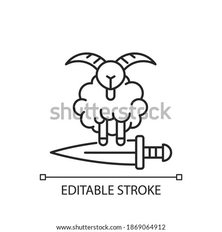 Eid al Adha linear icon. Islamic holidays celebrated worldwide. Honouring willingness of ibrahim. Thin line customizable illustration. Contour symbol. Vector isolated outline drawing. Editable stroke