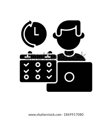 Part time job black glyph icon. Professional occupation, time management. Shift work, flexible schedule silhouette symbol on white space. Office worker with calendar vector isolated illustration