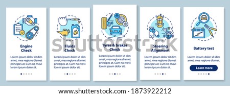 Full car service onboarding mobile app page screen with concepts. Engine check, alignment, battery test walkthrough 5 steps graphic instructions. UI vector template with RGB color illustrations