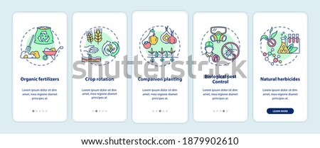 Organic farming principles onboarding mobile app page screen with concepts. Crops rotation walkthrough 5 steps graphic instructions. UI vector template with RGB color illustrations