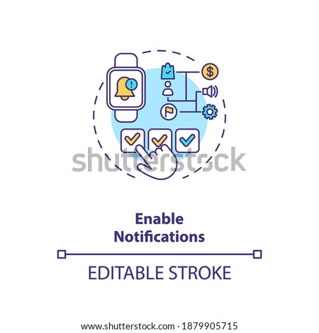 Enable notifications concept icon. Setup instruction idea thin line illustration. Turn off sound alerting. Control notifications. Vector isolated outline RGB color drawing. Editable stroke