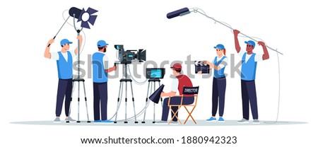 Filming crew semi flat RGB color vector illustration. Director watching on screen. Cameraman with equipment. Sound technicians. Movie creation team isolated cartoon character on white background