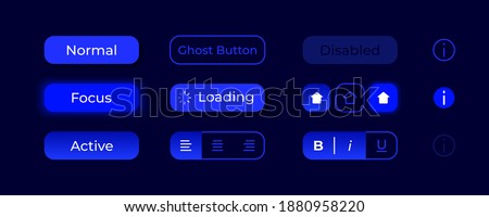 Glowing buttons UI elements kit. Activate switch. Options and settings isolated vector icon, bar and dashboard template. Web design widget collection for mobile application with dark theme interface