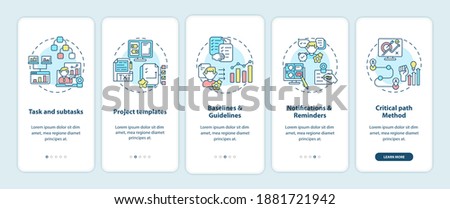 Remote work software structure onboarding mobile app page screen with concepts. Task and subtasks, guidelines walkthrough 5 steps graphic instructions. UI vector template with RGB color illustrations