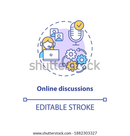 Online discussions concept icon. App feature idea thin line illustration. Communication app. Virtual meetings and video conferencing. Vector isolated outline RGB color drawing. Editable stroke