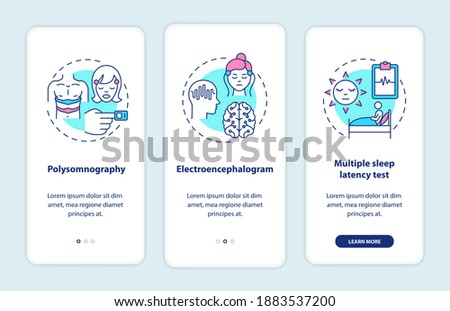 Daytime nap study onboarding mobile app page screen with concepts. Sleep disorder test. Medical examination walkthrough 3 steps graphic instructions. UI vector template with RGB color illustrations