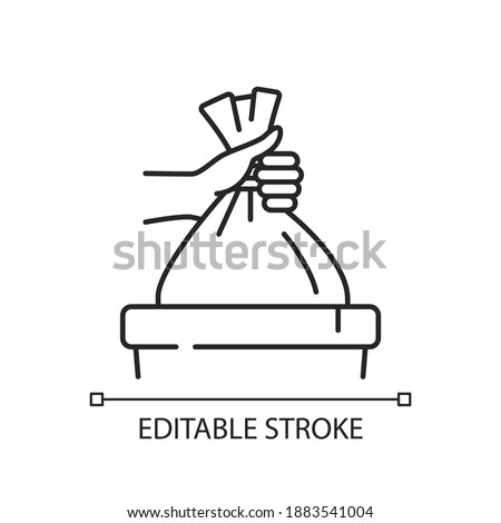 Taking out trash linear icon. Waste management, domestic chores thin line customizable illustration. Contour symbol. Housekeeping, garbage utilization. Vector isolated outline drawing. Editable stroke