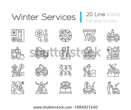 Snow removing services linear icons set. Clearing city after strong snowfall. Plow truck company. Customizable thin line contour symbols. Isolated vector outline illustrations. Editable stroke
