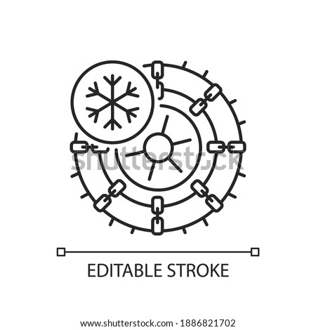 Studded tires and chains linear icon. Lifehack for auto owner in winter. Moving on car when snows. Thin line customizable illustration. Contour symbol. Vector isolated outline drawing. Editable stroke