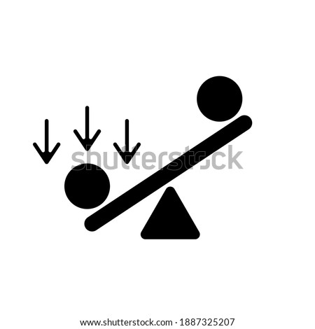 Synergy bias black glyph icon. Unbalanced scale with spheres. Advantage and disadvantage on scale. Measurement of value. Silhouette symbol on white space. Vector isolated illustration