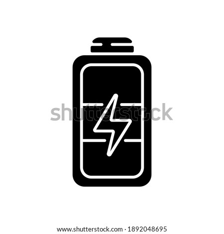 Full battery black glyph icon. Getting max capacity for full day. Maximum power for device. One hundred percetage level. Silhouette symbol on white space. Vector isolated illustration
