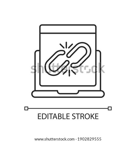 Broken link linear icon. Hyperlink that no longer points to its original destination. Thin line customizable illustration. Contour symbol. Vector isolated outline drawing. Editable stroke