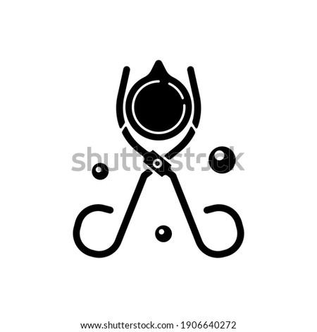 Beaker tongs black glyph icon. Handling hot and cold beakers. Lab equipment. Scissor-like tool. Carrying evaporating dishes and flasks. Silhouette symbol on white space. Vector isolated illustration