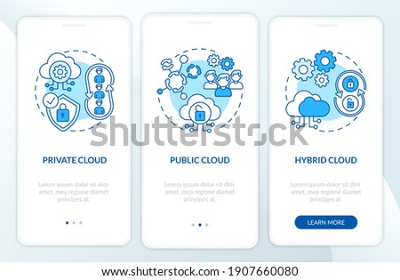SaaS deployment types onboarding mobile app page screen with concepts. Private, public clouds walkthrough 3 steps graphic instructions. UI vector template with RGB color illustrations