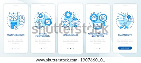 SaaS pluses onboarding mobile app page screen with concepts. Multiple backups, accurate reporting walkthrough 5 steps graphic instructions. UI vector template with RGB color illustrations