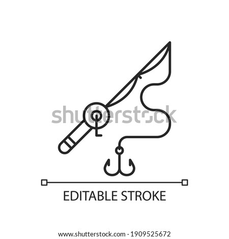 Fishing rod and reel linear icon. Basic fishing gear. Carbon matherial. Fishing tournament. Thin line customizable illustration. Contour symbol. Vector isolated outline drawing. Editable stroke