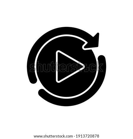 Restart black glyph icon. Media player interface element, play again button. Digital entertainment silhouette symbol on white space. Computer or mobile game retry sign. Vector isolated illustration