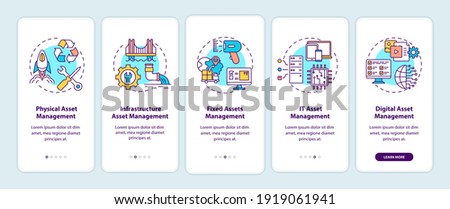 Asset management types onboarding mobile app page screen with concepts. Physical and infrastructure managing walkthrough 5 steps graphic instructions. UI vector template with RGB color illustrations
